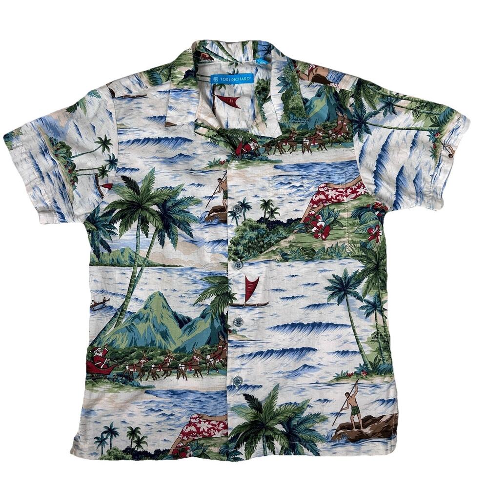 Tori Richard Hawaiian Christmas Aloha Hula Santa surfing Shirt Button Boys M/8